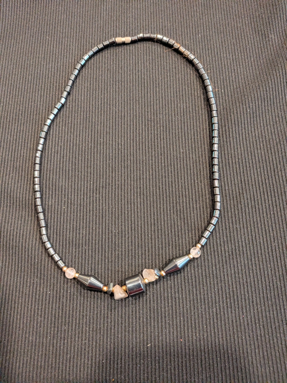 B#4: Black Hematite Bead Necklace 8.5" with Rose Gold Accents